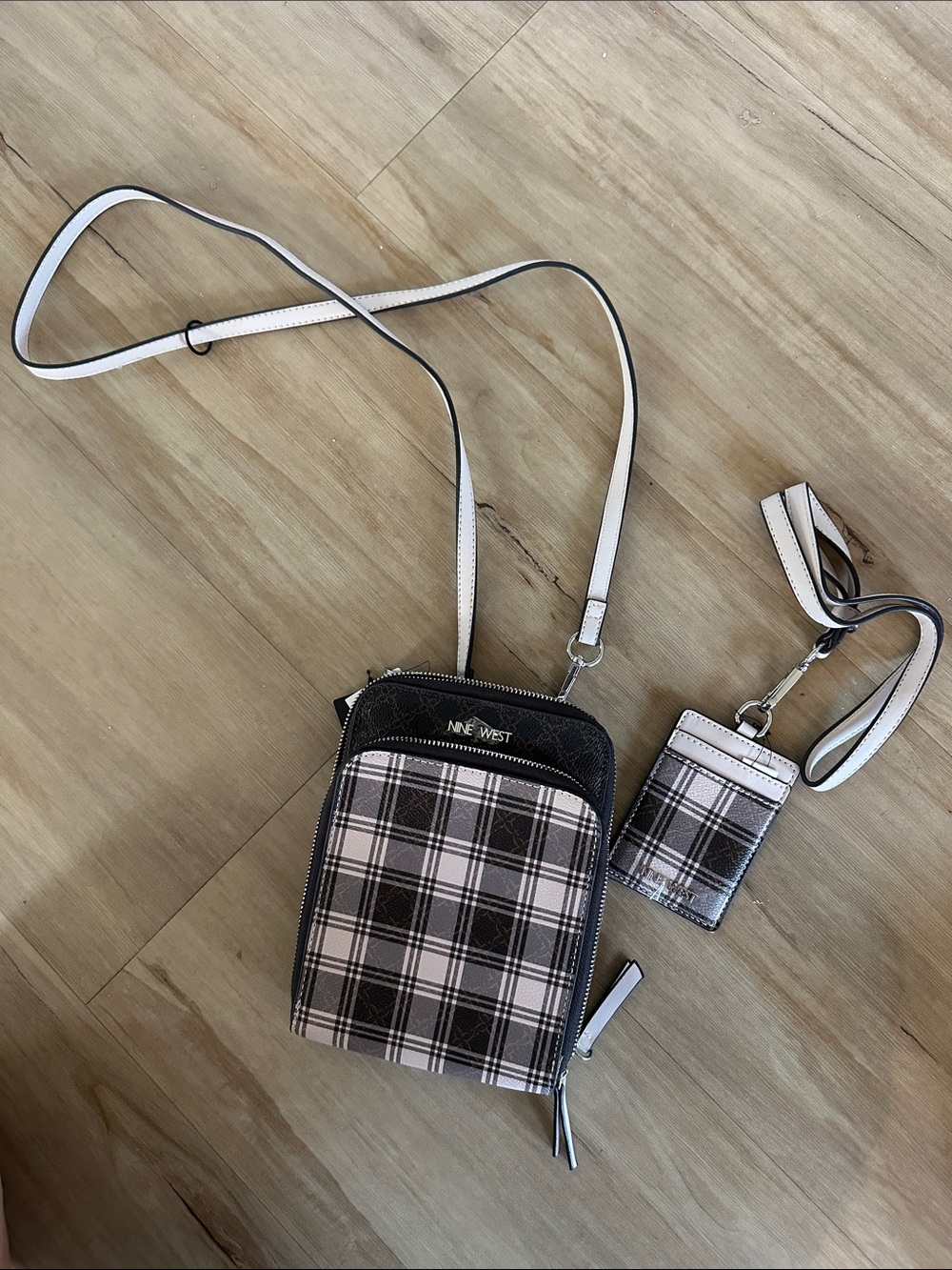 Nine West Black, Brown, Mauve/Cream Plaid Crossbody Bag